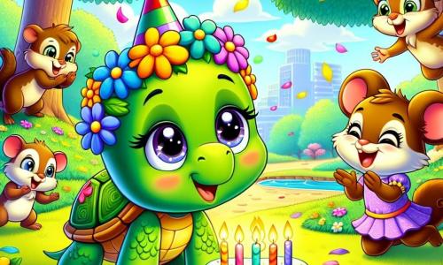 Een klein schildpadachtig figuur met een groene schild bedekt met kleurrijke bloemen kijkt verwonderd naar een klein verjaardagsfeest, met grote ogen die stralen van vreugde en opwinding. Naast haar springt een blije kikker, met een heldergroene huid en een klein feesthoedje, van blijdschap terwijl hij een met kaarsjes versierde taart vasthoudt, zijn stralende glimlach verlicht zijn gezicht. Iets verderop klapt een schattige muis, met grote oren en een roze jurk, enthousiast in haar handen, terwijl een jonge eekhoorn met bruin haar en een pluizige staart om hen heen danst en in lachen uitbarst. De scène speelt zich af in een zonnig park, vol met kleurrijke bloemen, majestueuze bomen en een zachte bries die de bladeren laat dansen, wat een feestelijke en blije sfeer creëert. In het midden van de illustratie ontdekt het hoofdpersonage, de schildpad, een verjaardagsverrassing omringd door haar vrienden, allemaal verenigd in een moment van gedeelde vreugde, het vieren van vriendschap en de magie van verjaardagen.