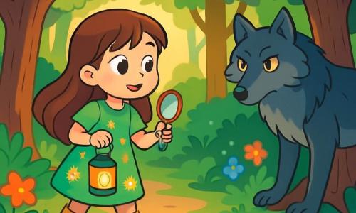 Una ragazza di 10 anni, Lina, si trova ai bordi di un chiarore in una foresta fitta, con gli occhi brillanti di eccitazione e curiosità. Ha lunghi capelli castani, un vestito verde a fiori e stivali di gomma, e tiene un piccolo specchio in una mano e una lanterna nell'altra, pronta a esplorare. Nelle vicinanze, un grande lupo dai peli grigi e dagli occhi penetranti osserva Lina con un'espressione sia curiosa che cauta, rimanendo all'ombra degli alberi. Il luogo è una foresta magica, con alberi maestosi dai tronchi spessi, raggi di sole che filtrano tra le foglie e fiori colorati che crescono tra le radici. La scena principale mostra Lina, coraggiosa e determinata, che si avvicina lentamente al lupo, mentre la luce della sua lanterna illumina dolcemente il suo cammino, creando un'atmosfera misteriosa e intrigante.