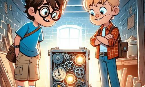 Há dois personagens principais: 1. Luís, um garoto de 10 anos, com cabelos castanhos bagunçados e óculos redondos. Ele usa uma camiseta azul e um short bege, e olha com admiração para uma máquina do tempo, um pequeno aparelho com engrenagens brilhantes e luzes piscantes, que está aos seus pés. 2. Pedro, um garoto de 10 anos, com cabelos loiros e sardas no rosto. Ele veste uma camisa xadrez vermelha e um jeans. Ele está ao lado de Luís, com os braços cruzados, exibindo um sorriso curioso e impaciente. A máquina do tempo está em um velho porão, cheio de ferramentas enferrujadas e livros empoeirados. As paredes são de tijolos expostos, e uma luz suave entra por uma pequena janela, criando uma atmosfera misteriosa. A cena principal mostra Luís e Pedro, animados e um pouco nervosos, enquanto se preparam para ativar a máquina do tempo para sua primeira aventura, cercados por engrenagens e livros antigos, prontos para mergulhar no desconhecido.