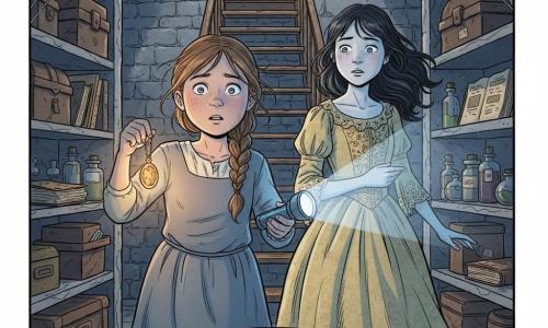 A 12-year-old girl with a round face and loose light-brown braid, large worried eyes and a brave but trembling expression, holds a glowing amber pendant in her left hand and shines a cold blue flashlight with her right; beside her floats the ghostly 13-year-old Elara, pale translucent skin, dark hair drifting as if in a breeze, wearing an old yellowed lace dress and looking gratefully at the girl; a narrow worn wooden staircase with silvery cobwebs leads upward behind them into a stone underground chamber lined with shelves of cracked leather boxes, yellowed books and dusty glass bottles, with a stone pedestal at the center where the girl found the pendant and freed Elara—dramatic amber-and-blue lighting casts sharp shadows and dust motes, composition centered with tight shots on faces and hands, mysterious but child-friendly.
