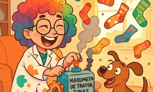 Olívia Borbulhante, uma mulher com cabelos cacheados e coloridos, usa uma bata de laboratório manchada de tinta e óculos redondos. Ela tem um sorriso travesso e olhos brilhantes de excitação enquanto ajusta sua Maquineta de Trocar Meias, uma máquina estranha feita de peças diversas que solta um leve vapor. Ao seu lado, Nino, um cachorro travesso com grandes orelhas caídas e pelagem marrom, observa a máquina com curiosidade, sua cauda balançando alegremente. A cena acontece na sala de estar de Olívia, cheia de gadgets estranhos, esboços pendurados nas paredes e caixas transbordando de materiais coloridos. Raios de sol entram pelas janelas, iluminando a bagunça criativa. Nesse momento, Olívia, cheia de entusiasmo, aperta o botão da máquina, que começa a vibrar e a emitir sons estranhos, resultando em uma explosão de meias coloridas que voam por todos os lados, enquanto Olívia ri diante desse caos inesperado.