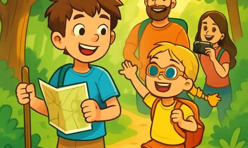 A 12-year-old boy, Sam, with messy brown hair and sparkling curious eyes, stands on a forest path, a big smile lighting up his face. He wears a bright blue t-shirt and beige shorts, holding a map in one hand and a hiking stick in the other, ready to explore. Next to him, his 8-year-old sister Lily, with braided blonde hair and colorful sunglasses, jumps with excitement, holding a small backpack filled with snacks. In the background, their father, a muscular man with a brown beard, smiles encouragingly, while their mother, a woman with long brown hair, takes a picture of the joyful scene. The location is a lush forest, with majestic trees and vibrant green leaves, as a gentle ray of sunlight filters through the foliage, illuminating the path with golden light. The main focus shows Sam and Lily, eager and excited, ready to embark on an adventure to discover the wonders of nature around them.