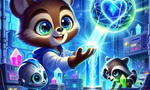 An illustration depicts a young brown bear, a curious boy with bright eyes and silky fur, showing excitement and determination as he manipulates glowing crystals, reaching out towards a vibrant energy core pulsing with bright colors. Beside him is a small spherical robot with a silver surface and expressive digital eyes, displaying enthusiasm as it hovers slightly above the ground, projecting a blue beam of light onto the crystals. Another character, a young raccoon, leans over a table full of machines, his sparkling green eyes focused and eager as he carefully adjusts cables, ready to assist in this crucial task. The main setting is a futuristic underground chamber filled with shimmering machines and glowing crystals pulsating with energy. The walls are adorned with technological panels, and at the center is an energy core, a bright sphere of blue and green emitting waves of light. The scene shows the three characters collaborating to stabilize the energy core, uniting their strengths to solve an urgent problem threatening their futuristic city. Additional graphic elements include bursts of light emanating from the energy core, colorful cables winding around the characters, and floating holograms displaying energy data, creating a dynamic and energetic atmosphere.