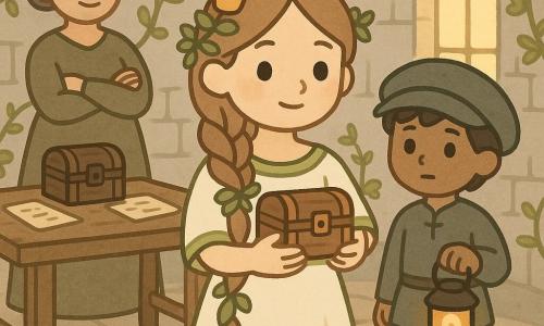 De prinses (ongeveer 12) met lang lichtbruin ingevlochten haar versierd met wijnbladeren glimlacht zacht terwijl ze een klein houten kistje tegen haar borst houdt; sereine, vastberaden uitdrukking, fonkelende ogen, eenvoudige ivoorkleurige jurk met groene bies. De page Jasper (ongeveer 13) met kort zwart haar onder een te grote pet houdt links een lantaarn en kijkt respectvol naar de prinses; attente houding, grijsgroene linnen kleding, net rechts achter haar. Dame Mirel (ongeveer 40) met grijzend haar in een knot staat links bij een houten tafel met gekruiste armen en een scheve glimlach, beschermende blik. Plaats: ronde torenkamer met grijze stenen muren bedekt met klimop, smalle hoge ramen die gouden licht binnenlaten, houten tafel in het midden met een donker kistje en verspreide perkamenten, versleten stenen vloer. Situatie: de prinses overhandigt het gesloten kistje nadat ze heeft beloofd het te beschermen; rustige, plechtige, intieme sfeer, kleuren palet van zachte groenen, warme bruintinten en goud; zacht licht, lichte schaduwen, minimalistische kawaii-stijl met eenvoudige silhouetten en zuivere lijnen.