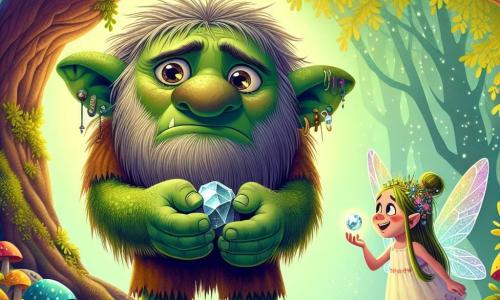 Un troll llamado Timo, grande y verde con piel rugosa y ojos brillantes de curiosidad, está en el centro de la escena, luciendo triste, mirando una piedra brillante que ya no brilla. Tiene grandes orejas puntiagudas y una amplia sonrisa, pero hoy su sonrisa está borrada por la preocupación. A su lado, una pequeña hada llamada Lila, con cabello dorado y alas brillantes, vuela alegremente. Tiene alrededor de 10 años y lleva un vestido hecho de pétalos de flores. Lila sonríe a Timo, ofreciéndole su ayuda. Al fondo, un viejo roble majestuoso con hojas de un verde brillante se alza, sus ramas extendiéndose como brazos protectores sobre ellos. El suelo está cubierto de flores coloridas y setas, y un suave rayo de sol filtra a través de las hojas, creando una atmósfera mágica. La situación principal muestra a Timo, el troll, sosteniendo la piedra en sus grandes manos, mientras Lila le explica cómo recuperar el secreto del bosque mágico, rodeados por la belleza encantada del bosque.