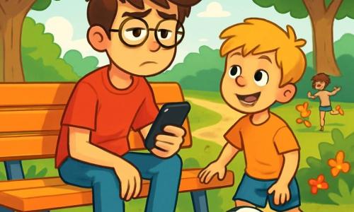 Um menino de 12 anos, Lucas, com cabelos castanhos bagunçados e óculos redondos, está sentado em um banco em um parque ensolarado. Ele tem uma expressão pensativa, com as sobrancelhas levemente franzidas, segurando seu celular em uma mão, enquanto a outra mão repousa em seu joelho. Ao lado dele, seu irmão mais novo de 8 anos, com cabelos loiros e um sorriso radiante, brinca com uma bola de futebol, olhando para Lucas com curiosidade. Ao fundo, árvores verdes e flores coloridas cercam o caminho, enquanto crianças riem e brincam na grama. A situação principal mostra Lucas refletindo sobre o tempo que passou em frente às telas, observando seu irmão se divertir e se perguntando se deveria se juntar ao jogo.