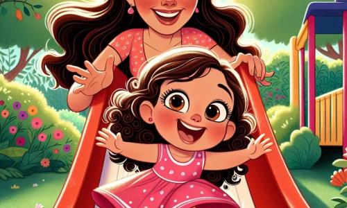 Una bambina di 2 anni, con grandi occhi brillanti e capelli ricci, esprime una gioia contagiosa mentre scivola su un grande scivolo rosso. Indossa un vestito rosa a pois bianchi e le sue guance sono arrossate dall'eccitazione. Accanto a lei, la mamma, una donna sorridente di circa 30 anni con capelli lunghi e castani, la incoraggia con una mano tesa, pronta a prenderla. Si trovano in un parco soleggiato, ricco di verde, con alberi dalle foglie verdi brillanti e fiori colorati che danzano nel vento. La scena mostra la bambina che scivola con un grande sorriso, mentre la mamma la guarda con orgoglio e amore, creando un'atmosfera di felicità e complicità.