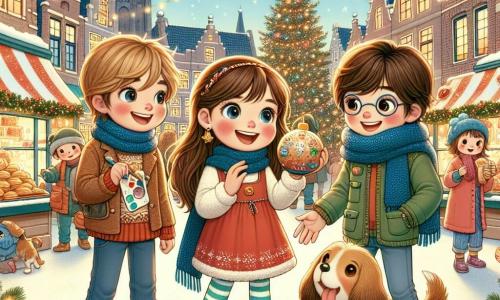Op een charmant kerstplein staan drie vrienden in het midden van de scène. Lotte, een 10-jarig meisje met lange bruine haren en een schattig rood jurkje, glimlacht blij terwijl ze een met de hand beschilderde kerstbal vasthoudt. Rechts van haar staat Max, een 11-jarige jongen met messy blond haar en een grote blauwe sjaal, die lacht terwijl hij zijn met verf besmeurde handen laat zien. Links staat Sam, een 10-jarige jongen met ronde bril en een groene jas, die een pakket poffertjes vasthoudt terwijl hij een hond observeert die speelt met een kerstbal. Het plein is versierd met fonkelende lichtslingers en grote kerstbomen versierd met kleurrijke ballen. Marktstalletjes verkopen lekkernijen en een grote ster straalt boven hen, waardoor de scène in een warme gouden gloed wordt verlicht. De vrienden delen glimlachen en vreugde terwijl ze zich voorbereiden om een klein jongetje te helpen dat zijn kerstbal is verloren. De sfeer is feestelijk en magisch, vol kinderlachjes en de geur van warme chocolademelk die in de lucht hangt.