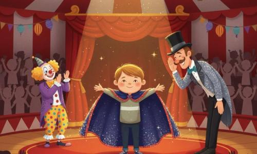 Bambino di 6 anni, capelli castano chiaro corti, volto rotondo e lentiggini, sorriso timido e fiero, apre le braccia al centro della pista sotto un caldo riflettore indossando una grande mantella blu notte con paillettes argento e bordo rosso; un clown adulto (~35 anni) con naso rosso tondo, parrucca gialla riccia e pantaloni a pois sta in disparte vicino alla tenda, fa l'occhiolino e applaude con paillettes sulla giacca; il direttore del circo (~50 anni) con giacca lucente, cilindro nero e baffi ricurvi è accanto al bambino in un inchino rispettoso e sorriso benevolo; interno di un grande tendone rosso e bianco con pista rotonda tappeto rosso, gradinate piene di sagome di bambini e genitori, bandierine, lanterne e nastri, luce dorata dei riflettori che crea riflessi sulle paillettes; scena principale in stile vettoriale, colori vivaci, linee morbide e dettagli grafici delle texture.