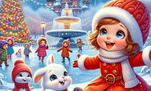 Una bambina di 3 anni, Sofia, con grandi occhi brillanti e capelli ricci castani, indossa un cappotto rosso vivo e un berretto di lana. Sorride con meraviglia, le braccia aperte, mentre scopre un parco innevato. Accanto a lei, un coniglio magico di nome Nino, con il pelo bianco e orecchie lunghe, salta gioiosamente nella neve, il suo viso splendente di malizia. Il parco è un vero paese delle meraviglie invernale, con alberi coperti di neve scintillante, luci colorate che brillano nella notte e un grande albero di Natale decorato con festoni luccicanti. I bambini giocano intorno, costruendo un grande pupazzo di neve, mentre fiocchi di neve cadono dolcemente dal cielo stellato. La scena principale mostra Sofia e Nino, circondati da altri bambini, intenti a costruire un pupazzo di neve, ridendo e condividendo biscotti di Natale che hanno preparato insieme. L'atmosfera è gioiosa e festosa, piena di risate e magia natalizia.