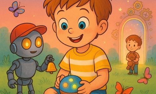 Un bimbo di 4 anni, Leo, sorridente e meravigliato, capelli castano chiaro spettinati, occhi tondi azzurri, gioca con una piccola scatola rotonda lucida sulle ginocchia; indossa una maglietta gialla a righe bianche e pantaloncini blu, seduto sull'erba morbida, concentrato sulla scatola che ha tre luci piccole: blu, verde e gialla. Un piccolo robot chiamato Pipo, formato giocattolo non umano, corpo metallico opaco, cappellino rosso, occhi-luce ambrati, è a sinistra di Leo e porge una campanella lucida. Un Leo più piccolo (circa 2 anni) con un pupazzo marrone osserva da una fontana sullo sfondo e sorride timidamente. Sullo sfondo un corridoio luminoso sospeso apre una porta di luce fatta di vecchi orologi e piccole stelle soffici che si dissolvono, toni pastello rosa e azzurro; il terreno è un prato verde vellutato con grandi fiori stilizzati e farfalle colorate, luce soffusa del tardo pomeriggio con ombre lunghe e calde. Composizione incentrata sul rapporto tra Leo e la scatola, Pipo a sinistra come guida, il piccolo Leo del passato a destra sullo sfondo; atmosfera magica, rassicurante e calda, stile linee nette, colori saturi ma morbidi, texture effetto matita leggera.