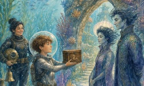 A 12-year-old boy with a round freckled face and tousled wet chestnut hair, wearing a small silver wetsuit and a clear bubble helmet, holds out a sealed wooden box decorated with a seahorse; behind him stands Skipper Nessa, ~40, short sturdy build, black hair tied back, smiling, in a dark wetsuit holding a helmet and a brass bell; in front of a coral arch stand two lantern keepers (a ~30-year-old man and a ~35-year-old woman) with slightly iridescent skin and ink-like floating hair, embroidered scale coats, calmly watching the box; the scene is a luminous underwater passage with orange and violet coral towers, emerald kelp forests, silver fish, bubbles and bluish sunbeams, a nacreous shell-shaped lantern tower beyond the coral arch marked by three small glowing shells flashing in groups of three — a gentle, magical discovery as the boy carefully approaches to exchange the box, delicate watercolor style, soft powdered colors and wet textures.