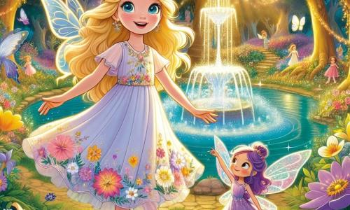 Clara, uma jovem com cabelos dourados e olhos azuis brilhantes, está no centro de um jardim encantado, com o rosto iluminado por um sorriso maravilhado. Ela veste um vestido leve em cores pastel, adornado com flores, e seus braços estão abertos como se estivesse acolhendo a magia ao seu redor. Ao seu lado, Lila, uma pequena fada com asas cintilantes, voa alegremente, medindo apenas o tamanho da mão de Clara. Lila tem cabelos roxos e um vestido feito de pétalas de flores, e aponta para uma fonte de água cristalina que brilha ao sol. O jardim é um lugar mágico, repleto de flores vibrantes, borboletas dançantes e árvores majestosas com folhas douradas. No centro, uma fonte mágica emite uma luz suave, criando uma atmosfera de sonho. Nesta cena, Clara descobre o jardim secreto pela primeira vez, maravilhada com sua beleza e a magia que a rodeia, enquanto Lila lhe mostra a fonte, símbolo da magia do jardim.