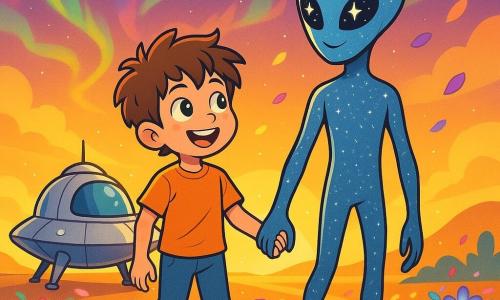 A 10-year-old boy named Oliver, with messy brown hair and sparkling curious eyes, stands in front of a small silver spaceship. He has a look of wonder on his face, his cheeks slightly flushed with excitement. Beside him is Lumi, a tall, slender alien with shimmering skin and star-like bright eyes, watching him kindly. They are on a bright planet bathed in golden light, where colorful auroras dance in the sky. The ground is covered with luminescent flowers in vivid hues, creating a fairy-tale landscape. The main scene shows Oliver and Lumi, hand in hand, ready to explore this magical world together, while a gentle breeze floats petals around them.