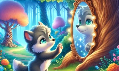 Un pequeño lobo llamado Lupo, con un suave pelaje gris y ojos brillantes de curiosidad, se encuentra frente a un espejo mágico plantado en el suelo, con una expresión maravillada e intrigada. Toca delicadamente el espejo con su pata, listo para descubrir un nuevo mundo. Cerca, un majestuoso árbol, con un tronco ancho y hojas brillantes, parece sonreírle a Lupo, extendiendo sus ramas como brazos acogedores. El árbol irradia una aura de sabiduría y bondad, mientras murmura palabras reconfortantes al pequeño lobo. El escenario es un bosque encantado, lleno de árboles coloridos con formas fantásticas, flores brillantes y una luz suave que filtra a través del follaje, creando una atmósfera mágica. La situación principal muestra a Lupo frente a un espejo misterioso, listo para sumergirse en un mundo donde la realidad y la magia se encuentran, ilustrando el momento en que descubre que la verdad está dentro de él.