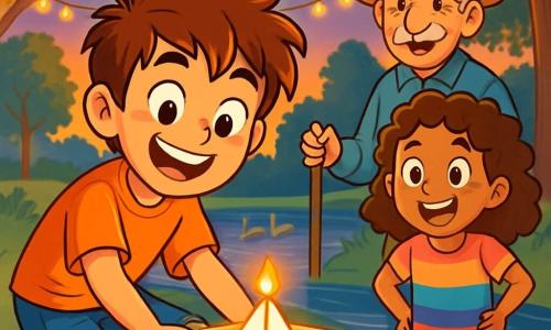 A 12-year-old boy with tousled brown hair and sparkling eyes stands by a pond, holding a small cardboard boat illuminated by a LED. His face radiates excitement and anticipation, with a broad smile revealing slightly crooked teeth. Next to him, an 11-year-old girl with curly hair and a colorful t-shirt watches the boat in awe, hands on her hips, ready to applaud. An elderly man with a gray mustache and a straw hat stands slightly back, proudly smiling while holding a stick to help guide the boats. The setting is a lovely park at dusk, with majestic trees adorned with golden leaves and a shimmering pond reflecting the last rays of sunlight. Ducks swim peacefully at the other end of the pond, while fairy lights hang from the branches, adding a magical touch to the atmosphere. The main scene shows the boy launching his illuminated boat onto the water, surrounded by friends cheering joyfully, creating a festive and warm ambiance full of laughter and hope.