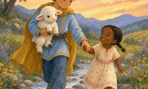 A small prince (boy, about 8) with soft serious features, light chestnut curls, wearing a sky-blue embroidered outfit and mustard cape, firmly holding a younger girl's hand and stepping on a stone in a shallow stream; a little girl (about 5) with round cheeks, dark braided hair and a cream dress with pink dots walks beside him, smiling shyly at the white fluffy lamb with pink ears and round black eyes nestled in the prince's arms; setting: shallow stream with smooth gray stones, tender green grass, yellow and mauve wildflowers, soft blue hills and a pastel dawn sky; mood: tender, secure hand-in-hand crossing, centered composition, visible gouache brush textures and brushstrokes, warm colors, soft contrast and golden evening light conveying protection and trust.