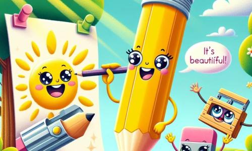Un lápiz alegre, de color amarillo brillante y con una cara sonriente, está dibujando un gran sol en una hoja de papel colgada de un árbol. Sus ojos brillan de emoción y su boca está abierta, mostrando su alegría. A su lado, una goma de borrar rosa en forma de nube, con ojos redondos y una sonrisa traviesa, salta de felicidad exclamando: "¡Es magnífico!" Un sacapuntas de madera, con rasgos de personalidad vivos y ojos brillantes, está cerca, listo para ayudar. El lugar es un jardín colorido, lleno de flores brillantes y árboles verdes, bajo un cielo azul claro con nubes blancas. La escena crea una atmósfera alegre y cálida, mostrando a los tres amigos trabajando juntos en un dibujo gigante, celebrando su amistad y creatividad.