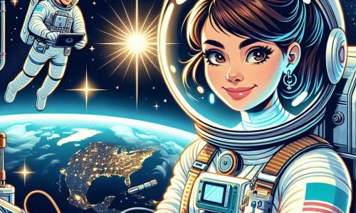 Valeria, una mujer astronauta de unos treinta años, flota en el espacio, su rostro radiante de emoción y asombro. Lleva un elegante casco de astronauta y un traje blanco adornado con colores vivos, con detalles plateados que brillan bajo la luz de las estrellas. Tiene el cabello castaño recogido en una coleta y sostiene una herramienta de reparación en las manos, lista para trabajar en un panel solar. Cerca de ella, Rob, un hombre de unos cuarenta años, verifica instrumentos en una tableta flotante. Tiene el cabello canoso y lleva un traje espacial similar al de Valeria, pero con toques de azul. Su expresión es concentrada, y le lanza una mirada alentadora a Valeria. La escena se desarrolla en la inmensidad del espacio, con la Tierra majestuosamente visible de fondo, sus océanos y continentes iluminados por el sol. Estrellas brillantes rodean al dúo, creando una atmósfera mágica e inspiradora. La situación principal muestra a Valeria y Rob realizando un importante mantenimiento en los paneles solares de la estación espacial, mientras flotan libremente en el espacio, unidos por su misión y su pasión por la exploración.