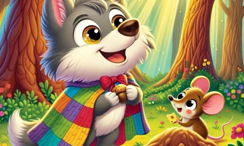 Wally, a small gray wolf with sparkling curious eyes, is wearing a colorful cape made of blankets. He is enthusiastically digging at the base of a large tree, his face radiating joy and determination. Next to him, a small brown mouse named Mimi, with big ears, watches in admiration. She has an encouraging smile and holds a small piece of cheese, ready to support her friend in his quest. The setting is an enchanted forest filled with majestic trees, bright green leaves, and colorful flowers scattered across the ground, with rays of sunlight filtering through the branches, creating a magical atmosphere. The main scene shows Wally discovering a shiny buried object, a golden acorn, symbolizing the treasure he has been seeking. The expression of surprise and joy on his face captures the essence of adventure and friendship.