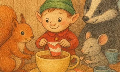 Hauptfigur ein kleiner schelmischer Kobold mit rundem verschmitztem Gesicht, funkelnden Augen, grünem Zipfelhut und roter Jacke mit goldenen Knöpfen, der schüchtern lächelt und behutsam einen rot-weißen Papierhut auf eine große Teetasse setzt; links Milla das Eichhörnchen mit weichem rotbraunem Fell, schützend, hält die Tasse mit einer Pfote; rechts Leni die graue Maus mit rosa Ohren, lacht leise und knotet eine Schnur um den Hut; dahinter Bromm der Dachs, groß und beruhigend, schwarz-weißes Fell, hält eine kleine Zapfenbrücke und wacht über die Gruppe; die Küche im Tannenwaldhaus aus warmem Holz mit rundem Eichentisch, rotkariertem Tuch, getrockneten Beerengirlanden, dampfendem Tee und von Schnee verglaster Fensterscheibe; die Szene zeigt einen vertrauten, gemütlichen Moment: Freunde befestigen gemeinsam den Papierhut auf der „Königstasse“, goldenes Licht, warme Stimmung und präzise kooperative Gesten.