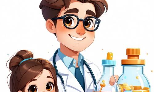 Un médico llamado Pablo está en el centro de la imagen. Tiene cabello castaño y gafas redondas, viste una bata blanca con dibujos coloridos de pequeños animales. Su rostro irradia bondad y sonríe cálidamente mientras sostiene un frasco de jarabe en una mano, listo para ayudar a una pequeña paciente. A su lado, Ana, una niña de seis años, tiene el cabello largo y rubio y lleva un vestido rosa con lunares. Mira a Pablo con ojos brillantes, sosteniendo un pañuelo de papel en su mano, lista para tomar el jarabe. El fondo muestra una sala de hospital luminosa, con paredes pintadas de azul pastel, carteles de animales sonrientes y juguetes coloridos esparcidos sobre una mesa. La escena representa el momento en que Pablo, el médico, prepara el jarabe para Ana, que está un poco enferma, pero llena de esperanza y coraje.
