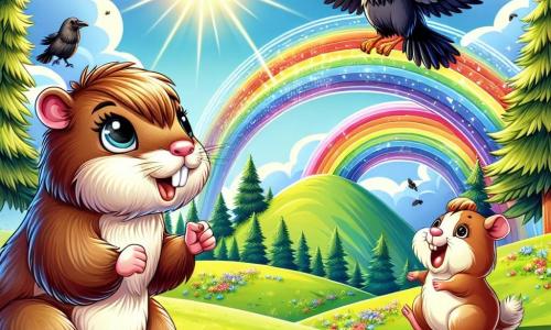 Uma marmota curiosa, com pelagem marrom suave e olhos brilhantes de alegria, está no centro da cena, sorrindo entusiasticamente enquanto observa um arco-íris brilhante que se estende sobre uma colina. Ao seu lado, um porquinho-da-índia travesso, com pelos sedosos e bochechas redondas, pula de alegria, enquanto uma corvo sábio de penas pretas brilhantes, empoleirada em um galho, observa com um ar pensativo. O cenário é uma colina verdejante, salpicada de flores coloridas que dançam ao vento, sob um céu azul radiante, onde o sol brilha intensamente. Ao longe, árvores majestosas emolduram a cena, criando uma atmosfera mágica. A marmota, cheia de coragem, se prepara para tocar a borda do magnífico arco-íris, símbolo de seus sonhos e desejos, enquanto seus amigos a incentivam com sorrisos radiantes, prontos para viver uma nova aventura juntos.