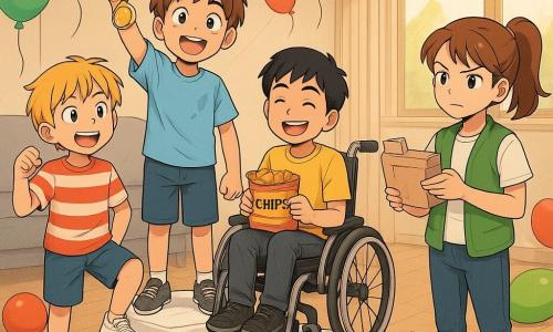 Quatro crianças numa cerimónia alegre e desordenada numa sala: Tomás (11 anos), cabelo castanho desgrenhado, rosto redondo, t-shirt azul claro com mancha, segura uma pequena medalha feita de cápsula dourada à direita do pódio, olhar orgulhoso; Rafa (11 anos), cabelo curto preto, sorriso caloroso, sentado numa cadeira de rodas visível no topo do pódio insuflável, segura um saco de batatas para partilhar; Martim (11 anos), loiro, expressão cómica, t-shirt às riscas, pés ainda presos a uma fita no chão, na marcha do meio faz pose de herói falso; Inês (11 anos), cabelo castanho apanhado em rabo, olhar autoritário mas sorridente, colete verde, segura uma folha 