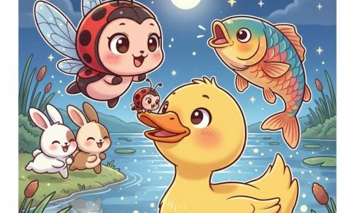 Uma joaninha vermelha de bolinhas pretas, olhos grandes e brilhantes, expressão surpresa e alegre, asas abertas, pousada de forma cômica no bico de um pato amarelo de bico laranja, olhar meio surpreso meio divertido, três coelhinhos brancos e castanhos com orelhas longas pulando perto da margem esquerda, um peixe grande e colorido saltando atrás do pato; lago estrelado sob noite clara com reflexos cintilantes, nenúfares, juncos e lua redonda; atmosfera lúdica e mágica, cores saturadas e contrastantes, traços arredondados e contornos nítidos, muitas pequenas faíscas ao redor, composição centrada na joaninha sobre o bico do pato, planos próximos e fundo do lago ligeiramente desfocado.