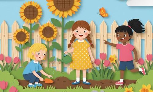 Three girls, about 8: a brown‑haired girl in braids in a yellow polka‑dot dress stands center in front of a large sunflower, smiling and holding a small green watering can in her right hand; a short‑blonde girl in a blue smock crouches left of her, touching soil with a small orange trowel, focused; a black‑haired ponytailed girl in a pink T‑shirt stands right, hopping and pointing at an orange butterfly on a leaf. Setting: a spring home garden with a light wood fence, tall sunflowers, pink tulips and yellow daffodils, textured green grass, a small stone path and pale blue sky with fluffy clouds. Scene: the girls tend the garden in sunlight, planting and watering giant sunflowers, colorful butterflies fluttering, joyful bright colors and simple shapes, soft shadows in a cut‑paper style.