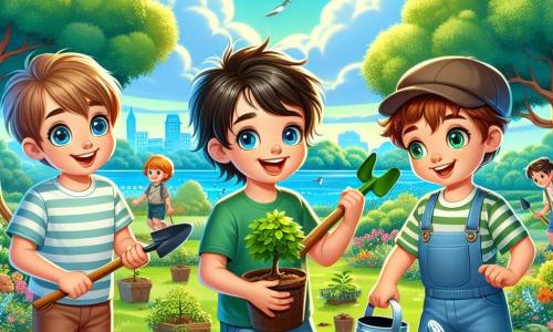 Trei băieți, Alex, Mihai și Radu, stau în centrul unui parc verde. Alex, un băiat de 10 ani cu părul brun și ochelari, zâmbește ținând o mică lopată, pregătit să planteze un copac. La dreapta sa, Mihai, un alt băiat de 10 ani cu părul blond și ochi strălucitori, privește cu entuziasm un plan de plantare. La stânga, Radu, un băiat de 9 ani cu părul castaniu și o șapcă, udă o plantă tânără cu o udată, concentrat pe sarcina sa. Parcul este plin de verdeață, cu copaci măreți și flori colorate care dansează în bătaia vântului. În fundal, un cer albastru strălucitor este presărat cu nori albi pufoși, în timp ce păsările zboară fericite. Băieții lucrează împreună pentru a planta copaci tineri, simbolizând angajamentul lor de a proteja mediul și de a lupta împotriva schimbărilor climatice. Sunt înconjurați de râsetele altor copii care se joacă, creând o atmosferă veselă și plină de speranță.