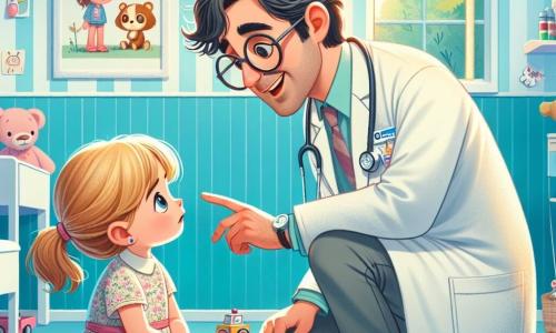 Een mannelijke arts, Dr. Sam, glimlachend en vriendelijk, draagt een grote witte labjas die hem iets te groot lijkt, met een stethoscoop om zijn nek. Hij heeft rommelig bruin haar en ronde brillen die hem een vriendelijke uitstraling geven. Hij zit naast een klein meisje, Lila, ongeveer 7 jaar oud, met blond haar en blauwe ogen, in een bloemenjurk. Ze heeft een uitdrukking van opluchting op haar gezicht terwijl ze Dr. Sam met bewondering aankijkt. De setting speelt zich af in een kleurrijke ziekenhuiskamer, met lichtblauwe muren en vrolijke dieren tekeningen aan de muren. Speelgoed ligt verspreid over de vloer en een groot raam laat zonlicht binnen, waardoor de kamer verlicht wordt. De belangrijkste situatie toont Dr. Sam die Lila geruststelt, die zich niet goed voelde door buikpijn. Hij spreekt zachtjes met haar en vraagt wat ze zou willen eten om zich beter te voelen, terwijl een verpleegster op de achtergrond staat, glimlachend en klaar om te helpen.
