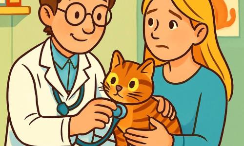 Ein männlicher Tierarzt, Dr. Lukas, lächelnd und freundlich, mit zerzausten braunen Haaren und runden Brillen, untersucht eine kleine getigerte Katze namens Mimmi. Er trägt einen weißen Kittel und ein Stethoskop um den Hals, sein Gesichtsausdruck ist konzentriert und sanft. Neben ihm hält eine etwa dreißigjährige Frau, besorgt aber voller Hoffnung, Mimmi in ihren Armen. Sie hat lange blonde Haare und trägt einen hellblauen Pullover. Sie schaut Dr. Lukas mit erwartungsvollen Augen an. Die Szene spielt sich in einer hellen und einladenden Tierklinik ab, mit pastellgrünen Wänden, bunten Tierpostern an den Wänden und Tier-Spielzeugen, die auf dem Boden verteilt sind. Dr. Lukas untersucht aufmerksam Mimmi, die ein wenig nervös, aber neugierig wirkt, während die Kinder der Klasse, fasziniert, die Szene aus einer Ecke des Raumes beobachten und gespannt darauf sind, zu lernen, wie man Tieren hilft.