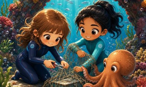 Tres personajes: Nora, 12 años, cabello castaño claro con flequillo y pecas, con un pequeño traje de buceo azul marino, arrodillada a la izquierda sobre una piedra bajo el agua, usando un corta-corda para liberar una malla del archivo; Inés, 12 años, cabello negro en coleta, sonrisa traviesa, traje turquesa, a la derecha enrollando la red alrededor de su antebrazo; un pulpo curioso color caramelo con ventosas frente a una pequeña caja metálica tocando suavemente la cuerda. Lugar: arrecife submarino luminoso con un arco de coral rojo y naranja, rocas con anémonas rojas y amarillas, algas verdes ondulantes, cardúmenes plateados y rayos de sol azul verdosos filtrados, burbujas ascendentes. Situación: escena de acción suave y cálida donde las niñas liberan una caja atrapada por una red antigua mientras el pulpo participa, colores vivos, rasgos redondeados y expresiones alegres, composición centrada en el arco y la caja.