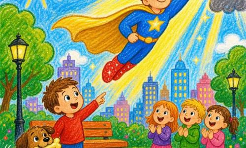 Héroe sonriente y seguro con capa dorada al viento, botas rojas brillantes y traje azul, levantando la mano para dispersar nubes grises y hacer brillar el cielo; un niño de unos 6 años, pelo castaño corto y rostro asombrado, señala el cielo junto a un banco del parque; solo hay un perrito marrón a la izquierda del niño que mueve la cola y sostiene un pequeño hueso brillante; parque urbano colorido con árboles verdes de contorno grueso, bancos de madera naranja, farolas amarillas y edificios altos al fondo; rayos dorados iluminan el cielo y el parque, los niños aplauden y el agua de un charco se vuelve clara y brillante; estilo de trazos simples y redondeados, colores vivos y saturados, texturas de lápiz visibles, contornos gruesos, composición alegre y legible para un niño de 2 años.