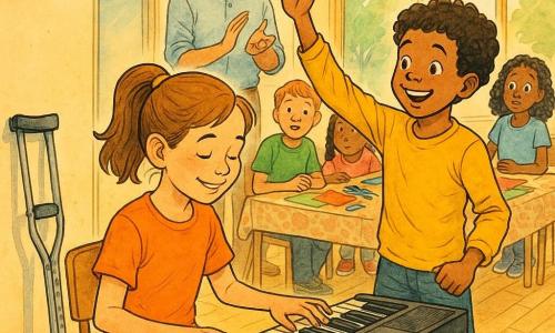 10-year-old Emily, focused and beaming with light brown ponytail, hands on an electric keyboard and crutches leaning against the left wall; 10-year-old Jake with curly hair stands to her right, smiling and raising a hand to congratulate her; Mr. Thomas, about 40, in a light rolled-up shirt stands at the back applauding; three children (two girls, one boy, ~9–11) sit around a table in the back with wide eyes, colored papers and scissors, watching Emily; the sunlit community center room has large windows, light wood floors, activity posters, a patterned tablecloth and supply boxes; Emily plays a simple joyful melody while everyone listens supportively, conveying warmth, inclusion and shared pride.