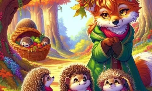 Fern, a young fox with autumn-colored fur, stands at the center of the scene, her golden eyes shining with empathy and determination. She looks tenderly at a small family of hedgehogs, their faces marked by worry, as they receive baskets of food. To the left, Maple, the little hedgehog, has ruffled quills and tears of gratitude in her eyes, holding a small basket filled with berries. On the right, the mother hedgehog, with gentle eyes and a relieved expression, holds her little one close, surrounded by colorful blankets. The setting is a sunny clearing in the heart of the forest, with majestic trees with vibrant green leaves, colorful wildflowers scattered on the ground, and an old oak tree with a wide trunk, adorned with garlands of leaves. The scene depicts Fern handing a basket filled with fruits and vegetables to the hedgehog family, symbolizing mutual aid and solidarity in a warm moment of sharing.