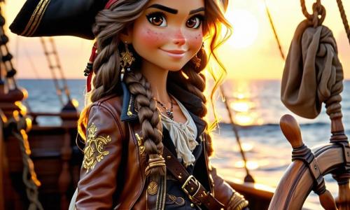 Kira, de moedige piratenkapitein, is een vrouw met een vastberaden blik, lange golvende haren en een leren jas versierd met gouden borduursels. Ze staat trots op het dek van haar schip, De Zeemeeuw, houdt stevig het roer vast, haar gezicht verlicht door de ondergang van de zon, wat zowel moed als opwinding toont. Naast haar staat Sidar, haar eerste man, een man van ongeveer 30 jaar met een goed verzorgde baard en een rode bandana op zijn hoofd. Hij past de zeilen aan met intense concentratie, klaar om de uitdagingen aan te gaan die hen te wachten staan. Verderop observeert Maika, een 12-jarig meisje met krullend haar en sprankelende ogen, verwonderd de golven, terwijl ze een klein piratenvlaggetje vasthoudt. De scène speelt zich af op het dek van het schip, met witte zeilen die door de wind worden gevuld, en de uitgestrektheid van de oceaan die zich tot aan de horizon uitstrekt, waar de golven glinsteren onder de ondergang van de zon. Op de achtergrond tekenen mysterieuze eilanden zich af aan de horizon, die avonturen beloven. Kira en haar bemanning bereiden zich voor om naar een nieuwe horizon te zeilen, vol hoop en anticipatie, terwijl ze zich klaarmaken om verborgen schatten en mysteries in de diepten van de zee te ontdekken.