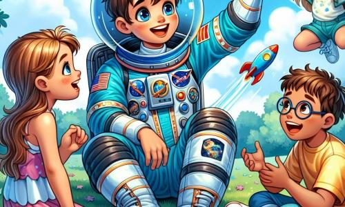 Młody astronauta, Jacek, chłopiec w wieku około 10 lat, nosi jasnoniebieski skafander kosmiczny ozdobiony dużą naszywką rakiety. Ma rozczochrane brązowe włosy i szeroki uśmiech na twarzy, pokazując swoje entuzjazm, gdy opowiada o swoich przygodach w kosmosie. Obok niego stoi Zosia, 8-letnia dziewczynka z długimi blond włosami i błyszczącymi oczami, trzymająca małą plastikową rakietę i uważnie słuchająca, zachwycona opowieściami Jacka. Antek, 9-letni chłopiec z kasztanowymi włosami i okularami, skacze z radości, z uniesionymi rękami, marząc o zostaniu astronautą. Scena rozgrywa się w słonecznym parku, z bujnymi zielonymi drzewami i jasnoniebieskim niebem usianym kilkoma białymi chmurami. Dzieci siedzą na trawie, otoczone zabawkami i grami, tworząc radosną i zabawną atmosferę. Główna sytuacja pokazuje Jacka dzielącego się swoimi fascynującymi doświadczeniami z podróży w kosmosie z Zosią i Antkiem, którzy są zafascynowani jego opowieściami o zerowej grawitacji i odległych planetach, ilustrując znaczenie marzenia o wielkich rzeczach i odkrywania nieznanego.