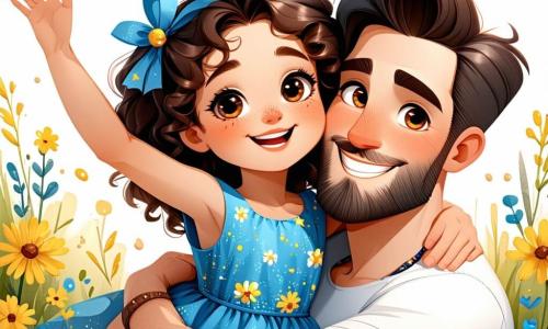 Una bambina di 7 anni, Sofia, con capelli ricci e occhi brillanti, è al centro dell'immagine. Indossa un bel vestito blu con fiori gialli e sorride felicemente, con le braccia alzate in segno di celebrazione. Accanto a lei, suo padre, un uomo di circa trent'anni, con una barba morbida e occhi calorosi, la abbraccia teneramente, mostrando un sorriso orgoglioso e felice. Nel giardino colorato, si vede Milla, un coniglietto bianco, che salta gioiosamente vicino a loro, e Pino, un pinguino carino, che tiene una bevanda fresca tra le piccole zampe. Il giardino è pieno di fiori vivaci, palloncini colorati che fluttuano nell'aria e un grande tavolo decorato con torte e caramelle, creando un'atmosfera festosa e gioiosa. La scena rappresenta la festa del papà, dove Sofia e suo padre sono circondati dai loro amici, celebrando insieme con risate e giochi, in un momento di felicità condivisa.