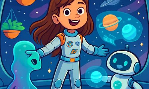 Uma menina de 12 anos, com longos cabelos castanhos e olhos brilhantes de curiosidade, está no centro de uma estação espacial intergaláctica. Ela usa um traje espacial prateado adornado com padrões coloridos e exibe um sorriso maravilhado, com os braços abertos como se estivesse acolhendo o universo. À sua direita, um robô amigável chamado Vex flutua levemente acima do chão, emitindo bipes alegres enquanto projeta hologramas de planetas distantes. À sua esquerda, uma criatura extraterrestre chamada Zhyla, translúcida e mudando de cor, se inclina em sua direção com tentáculos delicados, emitindo uma luz suave e reconfortante. O local é uma sala oval com paredes de vidro transparente, oferecendo uma vista espetacular de um céu estrelado e nebulosas coloridas. Jardins suspensos com plantas luminosas flutuam ao redor da estação, enquanto naves espaciais passam lentamente do lado de fora. A cena mostra Lara, maravilhada, descobrindo uma tecnologia extraterrestre fascinante, cercada por seus novos amigos, enquanto colaboram para resolver um desafio científico juntos, criando uma atmosfera de exploração e amizade intergaláctica.