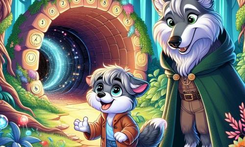 Der kleine Wolf Lupo, mit seinem grauen Fell und den leuchtenden Augen vor Aufregung, steht vor dem Eingang eines geheimnisvollen Tunnels, sein Herz schlägt schnell. Neugierig schaut er auf den dunklen Tunnel, der in einem magischen Licht zu funkeln scheint. Neben ihm lächelt ein weiser Wolf mit silbernem Fell und gutmütigem Gesicht, gekleidet in einen alten Mantel, stolz und bereit, Lupo auf seinem Abenteuer zu führen. Der Ort ist ein verzauberter Wald mit majestätischen Bäumen, smaragdgrünen Blättern, bunten Blumen, die im Wind tanzen, und Sonnenstrahlen, die durch das Laub filtern und eine märchenhafte Atmosphäre schaffen. Die Hauptsituation zeigt Lupo, voller Begeisterung, bereit, in den Tunnel einzutreten, der ihn auf eine Zeitreise führen wird, während der weise Wolf ihn mit einem warmen Blick ermutigt und außergewöhnliche Abenteuer verspricht.