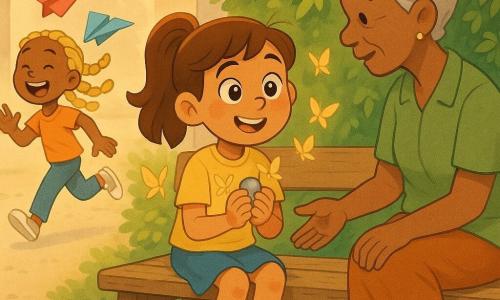 An 8-year-old girl, Maya, with a bright face, big shining eyes, pink cheeks and mid-length brown hair in a ponytail, sits on a worn wooden bench holding a small smooth gray stone while translucent golden origami-like butterflies float gently around her chest; a female teacher of about 40–50 with short light gray hair, a gentle smile, wearing a green smock and sandals, stands slightly behind and to the right reaching toward Maya as if having just given the stone; a laughing 8-year-old friend with blonde braids runs past in the left background holding colorful paper airplanes, motion-blurred; the quiet schoolyard corner features a living wall of ferns, small white flowers and glossy green leaves, soft morning light filtering through and fine gravel underfoot; the moment is a calm chosen amid bustle—Maya clasps the stone and breathes as golden butterflies settle, the teacher supports her and the friend passes by; warm soft palette (tender greens, pale yellows, brown wood), rounded expressive lines, soothing hopeful atmosphere.