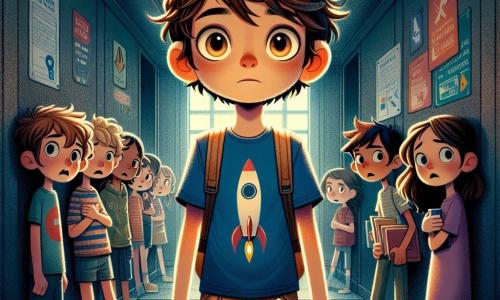 Un niño de 12 años, Nico, con cabello castaño desordenado y ojos brillantes de curiosidad, se encuentra en un pasillo estrecho y oscuro, su rostro marcado por una ligera inquietud pero también por una valiente determinación. Lleva una camiseta azul con un diseño de cohete y pantalones cortos beige, sosteniendo una pequeña caña de pescar de madera, símbolo de su sueño de aventura. A su lado, su compañera Lía, una niña de 11 años con cabello largo y rubio, con una expresión de miedo mezclada con confianza, lo mira con admiración, abrazando un libro contra su pecho. El pasillo está débilmente iluminado, con paredes grises y carteles coloridos sobre seguridad, creando una atmósfera inquietante pero protectora. En el fondo, otros niños, sentados contra las paredes, muestran rostros de preocupación pero también de solidaridad, formando un grupo unido. La situación principal muestra a Nico animando a Lía y a los demás niños a respirar profundamente, enseñándoles cómo mantenerse tranquilos mientras suena la sirena afuera, simbolizando el miedo a la guerra pero también la esperanza de una paz futura.