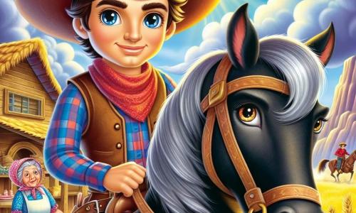 Um cowboy, um homem com um grande chapéu de feltro marrom, com um sorriso corajoso e olhos brilhantes, monta seu cavalo preto chamado Relâmpago. Ele usa uma camisa xadrez vermelha e azul, um colete de couro e botas de couro desgastadas. Ao seu lado, uma mulher idosa, Dona Zilda, a padeiro, com cabelos grisalhos em um coque e um avental florido, sorri fazendo um gesto de encorajamento. Ela está perto da porta de sua padaria, cercada por deliciosos pães dourados. O cenário é uma paisagem de pradaria dourada, com montanhas majestosas ao fundo e um céu azul brilhante. A situação principal mostra Tonico pronto para se aventurar no Desfiladeiro dos Bandidos, com uma expressão determinada no rosto, enquanto nuvens escuras se acumulam ao longe, anunciando a aventura que o espera.