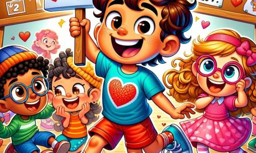 Um menino de 8 anos, Leo, com cabelos castanhos bagunçados e um grande sorriso, está no centro da imagem, segurando um grande painel decorado com corações de papel. Ele veste uma camiseta azul e um short vermelho, e seus olhos brilham de excitação enquanto olha para seus amigos. Ao lado dele, sua irmã Mila, uma menina de 6 anos com cabelos loiros trançados e um vestido rosa, levanta os braços no ar, pulando de alegria. Ela segura um pequeno coração de papel que acabou de decorar. Ao fundo, Clara, uma menina de 8 anos com óculos redondos e cabelos cacheados, está lendo uma charada em um painel de madeira, enquanto Pedro, um menino de 8 anos com um chapéu engraçado, dança de forma cômica, provocando risadas em Lucas, um menino de 8 anos com cabelos castanhos e um sorriso travesso, que segura um cupcake em forma de coração. O local é um parque ensolarado, cheio de árvores verdes e flores coloridas, com um grande tapete de piquenique xadrez vermelho e branco no chão, cercado por corações de papel pendurados nos galhos das árvores. A cena principal mostra Leo e seus amigos em uma caça ao tesouro, rindo e se divertindo juntos, com pistas e decorações de Dia dos Namorados espalhadas ao redor, criando uma atmosfera alegre e festiva.