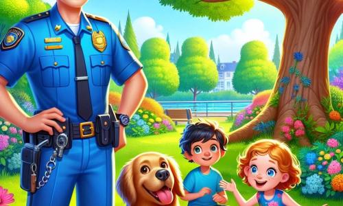 A male police officer named Officer Ben stands with a broad smile on his face, his eyes sparkling with curiosity. He wears a bright blue uniform, equipped with various tools on his belt, and a shiny badge reflecting the sunlight. Next to him is an 8-year-old girl, Emily, with curly hair and bright blue eyes, watching in awe the soccer ball held by a dog. She is dressed in a colorful floral dress and sandals. A 7-year-old boy, Tommy, with freckles and a big smile, is crouched near the dog, a golden retriever with golden fur, who seems happy and a bit guilty. The scene takes place in a lush park filled with majestic trees, colorful flowers, and a large oak tree at the center, where the children have been playing. The sky is blue with fluffy white clouds, and the sun shines, creating a joyful and welcoming atmosphere. The main situation shows Officer Ben and the children discovering the soccer ball that the dog retrieved, with expressions of joy and excitement on their faces, celebrating the resolution of their little investigation.
