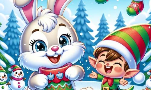 A little rabbit named Benny, with large floppy ears and soft fluffy fur, is laughing joyfully, his eyes sparkling with mischief. He wears red and green socks adorned with jingling bells that sparkle in the light. Next to him, a mischievous elf with a pointed red and green hat, a playful face, and a bright smile jumps with joy, his small hands waving shiny glitter. The setting is a snowy forest, where trees are covered in sparkling snow and decorated with colorful garlands, while snowflakes gently fall from the light blue sky. Benny and the elf are in a clearing, surrounded by funny snowmen and candy garlands, as they joyfully exchange socks, creating a festive and magical atmosphere.