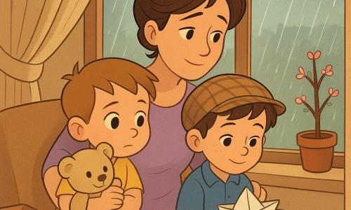 Three people: Sam, about 5, light brown crew-cut hair, wide curious eyes, red rain boots, holding a beige teddy against his cheek, sitting left of a wide window watching raindrops; Luke, about 5, soft brown hair with light freckles, oversized plaid hat and blue shirt, sitting to Sam’s right holding a paper boat; Aunt May, about 35–40, brown hair in a loose bun, wearing a simple lavender dress, seated behind them with arms around the boys, tender but tired. They’re in a cozy modest living room with cream walls, light curtains, a potted cherry tree by the window and a small wooden table with an open keepsake box (photo, button, shell); soft dim light from the rainy outside. The three watch the rain together—the boys clutching objects linked to their grandfather—creating a calm, comforting atmosphere with bright streaks of rain on the glass and soft reflections on the floor and keepsake box.