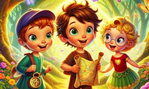 In an enchanted glade in the heart of the Whispering Woods, three five-year-old boys stand together. Timmy, with brown hair and sparkling eyes, smiles enthusiastically while holding a treasure map. Next to him, Benny, with curly hair and a little red cap, curiously watches a glowing fairy. Leo, the third boy, has blonde hair and round glasses, leaning against a tree, amazed by the magic around them. The glade is bathed in golden light, with majestic trees and vibrant green leaves, and colorful flowers swaying in the breeze. Multicolored butterflies flutter around, adding a touch of magic to the atmosphere. In the center, the fairy Lila, with shimmering wings and a dress made of flower petals, smiles at the boys while giving them a special mission. Filled with excitement and courage, the boys prepare to embark on an adventure to find a hidden magical treasure in the forest.